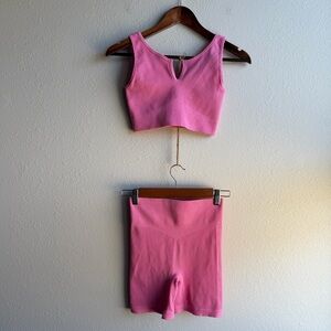 Pink Ribbed Size S Crop Tank and High-Waist Biker Shorts Fitted Set Stretchy E